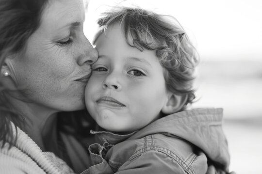 Mother kissing her son on the cheek, affection between mother and son, mother's day concept.