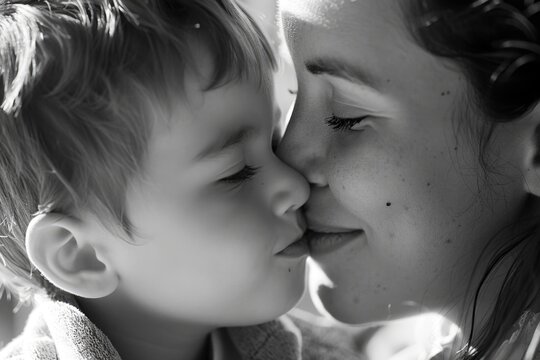 Mother kissing her son on the cheek, affection between mother and son, mother's day concept.