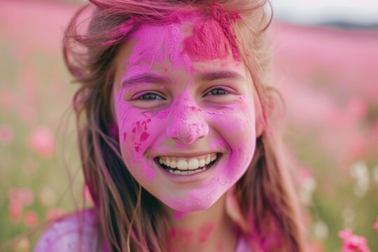 Face of a girl with powder and colorful paint in pink flower, Holi hai day concept.