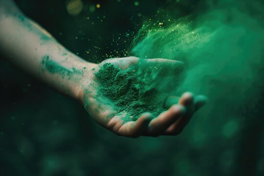 Mao with colored powder in green color, Holi hai day concept.