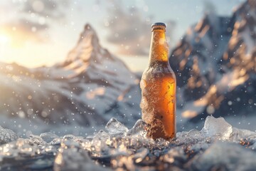 Chilled Beer Bottle in Mountain Ice - obrazy, fototapety, plakaty