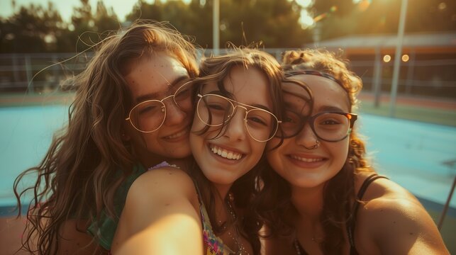 Tres chicas de distintas etnias compartiendo un día soleado sonriendo tomandose una Selfie. Todas con lentes