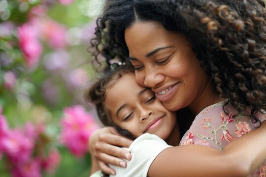 Mother hugging daughter smiling, Mother's Day concept, garden in the background.