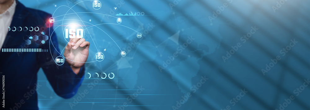 Poster iso: businessman pointing with iso icon and technological business data network. standardization, qu