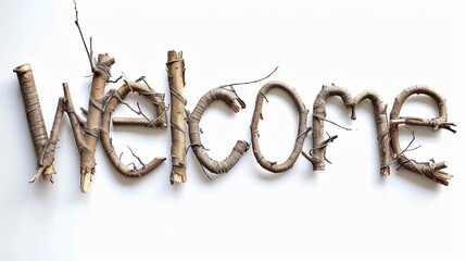 The word Welcome isolated on white background made in Willow Twig Letters style. Decorative lettering of a word Welcome. Creative postcard. Ai Generated Digital art poster.