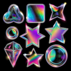 Set of holographic stickers of different shapes on a dark background. Illustration.