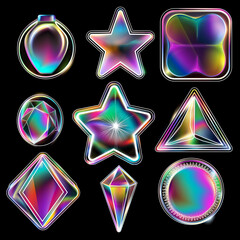 Set of holographic stickers of different shapes on a dark background. Illustration.