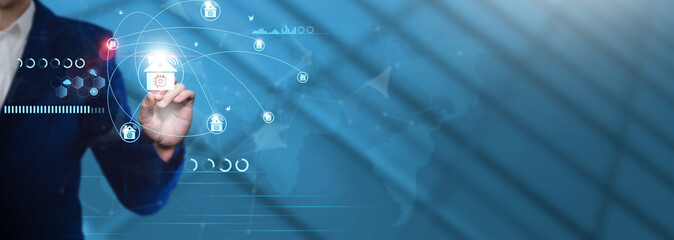 Smart Home Technology: Businessman Pointing with Smart Home Technology Icon and Technological Business Data Network. Connectivity Solutions, IoT Integration, Home Automation Innovations.