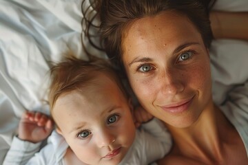 Mother and son lying in bed together, Mother's Day concept.