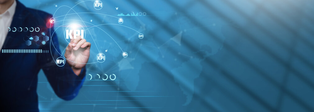 KPI: Businessman Pointing with Key Performance Indicator (KPI) Icon and Technological Business Data Network. Performance Metrics Analysis, Strategic Decision Making.