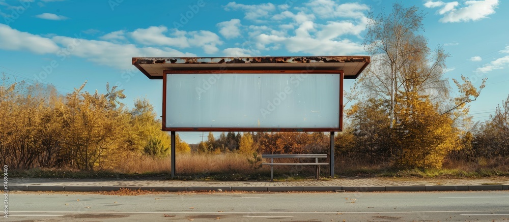 Aufkleber a bus stop is seen on the side of a road, featuring an empty advertising billboard. the setting is u