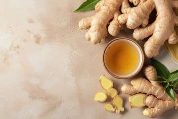Bowl with ginger tea and ginger roots on the side, beige background.
