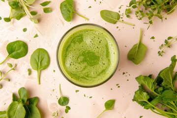 Glass with healthy green juice on beige background, concept of healthy eating and healthy living.