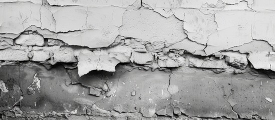A black and white image showcasing peeling paint on a brick wall, revealing the worn and weathered textures underneath. The partial clearance of plaster creates a striking contrast.