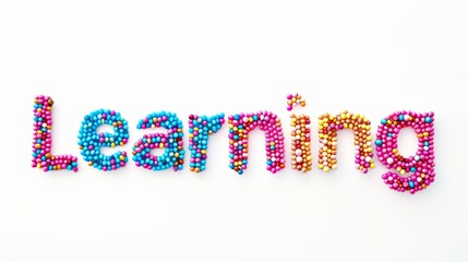 The word Learning isolated on white background made in Beaded Lettering style. Decorative lettering of a word Learning. Creative postcard. Ai Generated Digital art poster.