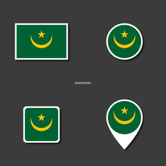 Mauritania flag icon set in diffrent shape ( rectangle, circle, square and marker icon) on dark grey background.