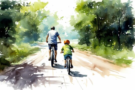 Father and son enjoying biking  in the park.  Happy childhood,  fatherhood, parenting concept. Happy family moments and memory. Watercolor 