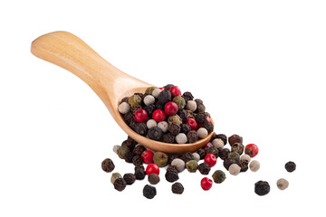 Different peppers in a wooden spoon isolated on a white background with a bunch of peppers. The concept of a mix of spices for cooking
