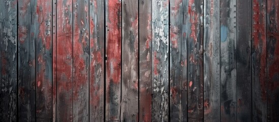 A weathered wooden wall stands with a layer of red paint chipping and peeling, creating a striking...