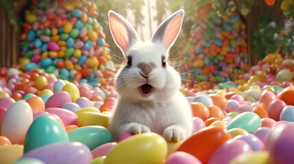 Fototapeta na wymiar white bunny surrounded by colorful colored eggs.