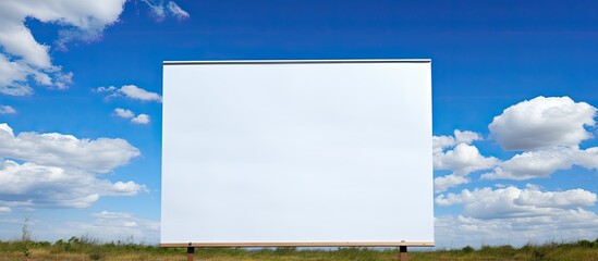 A big white billboard stands prominently in the center of an open field, surrounded by green grass. The billboard is plain and unadorned, contrasting with the natural landscape around it.