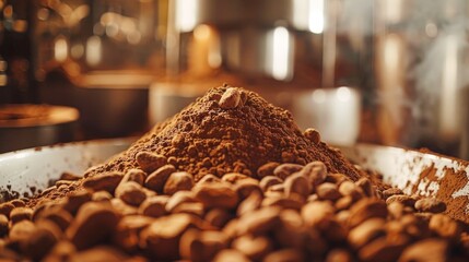 Close-up cocoa powder processing plant in factory