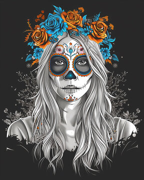 Application for the Day of the Dead. Girl in make up sugar skull. Holiday banner with skull created for card, poster, website, greeting invitation