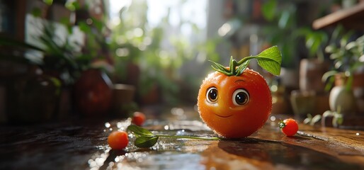 Cartoon mascot tomato smiling. Created with generative AI.