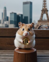 Against a backdrop of the iconic Eiffel Tower, a hamster clutches a Bitcoin, symbolizing the intersection of tradition and modern finance. The image creates a dialogue between Paris's romantic