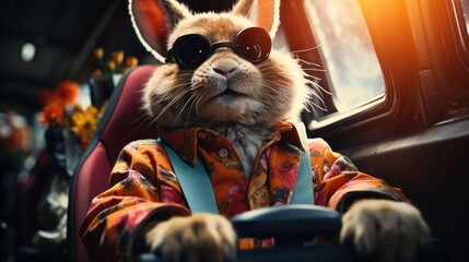 Fototapeta premium bunny wearing stylish clothing and driving a car.