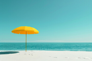 a yellow umbrella sitting on top of a sandy beach under a blue sky. generative ai