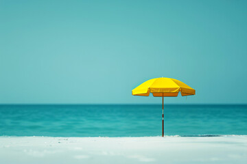 a yellow umbrella sitting on top of a sandy beach under a blue sky. generative ai