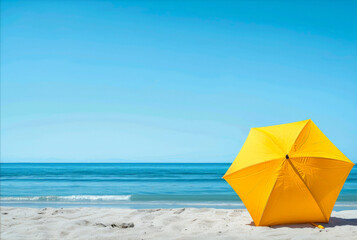 a yellow umbrella sitting on top of a sandy beach under a blue sky. generative ai