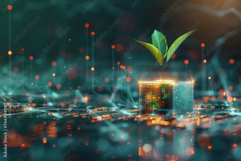 Poster plant growing from the cubic digital ai. ecology and environment concept.ai generative