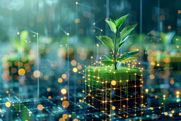 Fototapeta premium Plant growing from the cubic digital AI. Ecology and environment concept.ai generative
