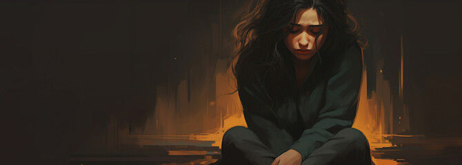 Scared frightened girl in green sweater sitting alone in dark room illustration - obrazy, fototapety, plakaty