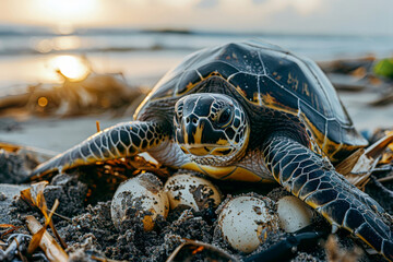 turtles hatch eggs on the beach . Generative AI