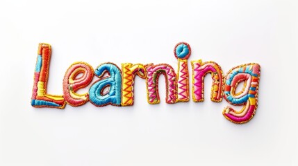 Naklejka premium The word Learning isolated on white background made in Embroidery Lettering style. Decorative lettering of a word Learning. Creative postcard. Ai Generated Digital art poster.