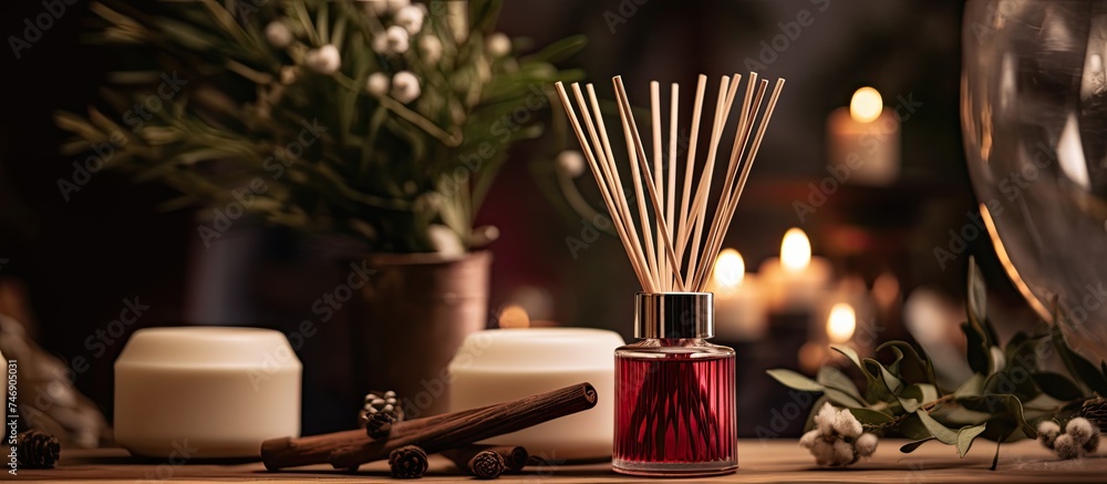 Poster a reed diffuser and various aroma candles are placed on a table, creating a cozy atmosphere perfect 