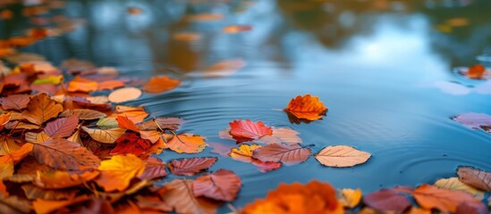 Tranquil Autumn Vibes: A Serene Pond Filled with Colorful Leaves and Rippling Water