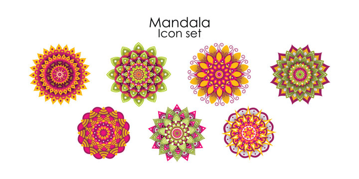 Set of mandala art colourful floral abstract geometric patterns isolated on white background