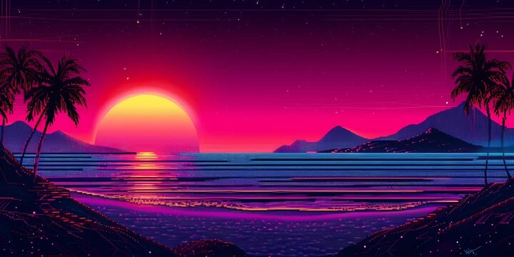 lofi loop tropical island vaporwave, synthwave, retrowave 1980 3D animation, 4k UHD background	