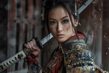 Naklejka premium Japanese elegance as a beauty dons the regal attire of a samurai warrior, clutching a gleaming katana amidst a backdrop of darkness.