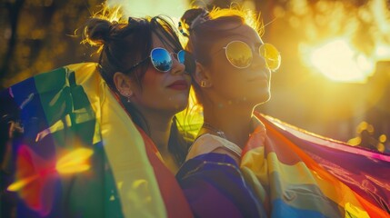 warm sunset silhouettes two women with a rainbow flag, evoking a scene of romantic lgbtq pride and unity. - Powered by Adobe