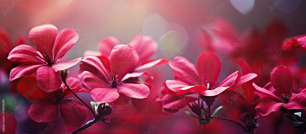 Poster A cluster of vibrant flowers sits neatly arranged on a table in a summer garden. The deep red petals stand out against the blurred background, adding a pop of color to the scene.