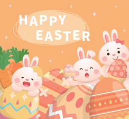 Western Easter elements, playful and cute rabbit and painted eggs, traditional religious activities, vector poster or greeting card