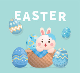 Western Easter elements, playful and cute rabbit and painted eggs, traditional religious activities, vector poster or greeting card