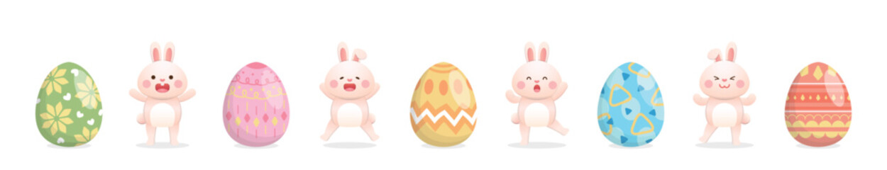 Set of cute and playful rabbit mascot or character with colorful easter eggs, joyful celebration of holiday, vector illustration