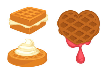 Waffles with icing and cream, delightful dessert