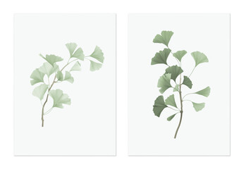 Leaves poster template, green ginkgo leaf branch on grey